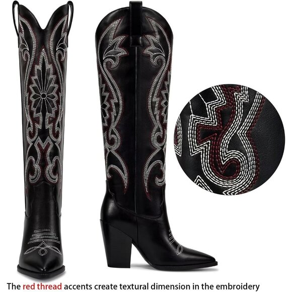 Women's Knee High Western Embroidered Chunky Heel Tall Black Boots - Picture 2 of 6